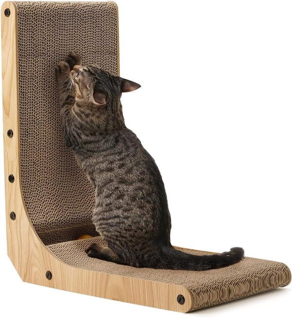 FUKUMARU Cat Scratcher, 18.7 Inch L Shape Wall Mounted Cardboard with Ball Toy for Indoor Cats