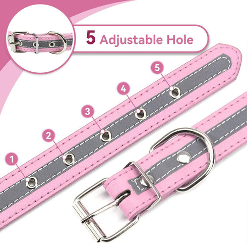 Reflective Dog Collar with Cute Paw Rivet Studded, Soft PU Leather Adjustable for Small Medium Large Dogs Cats, Pink,