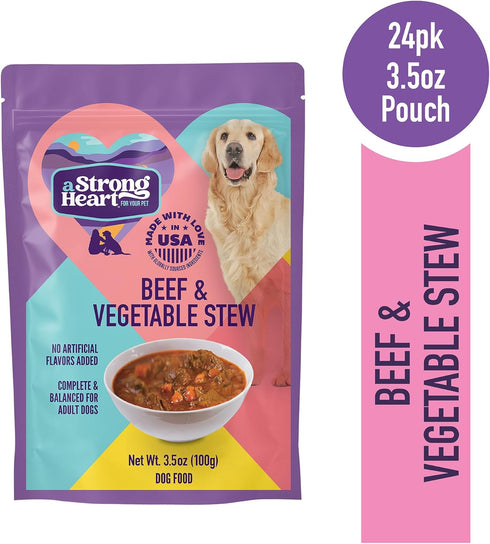 3.5 oz (Pack 24), A Strong Heart Wet Dog Food Pouches, Beef & Vegetable Stew, Pouches of Made in The USA with Real Beef