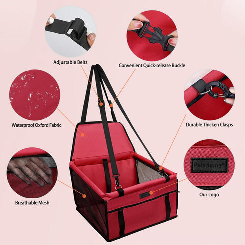 PetsHome Foldable Dog Car Seat, Waterproof Booster Seat for Small to Medium Dogs, Breathable Oxford Travel Bag, Pure Red