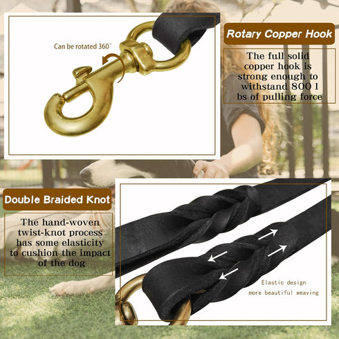 Leather Dog Leash 6ft x 5/8 inch, Heavy Duty Genuine Braided Leather Leash for Large, Medium, Small Dogs (Black)