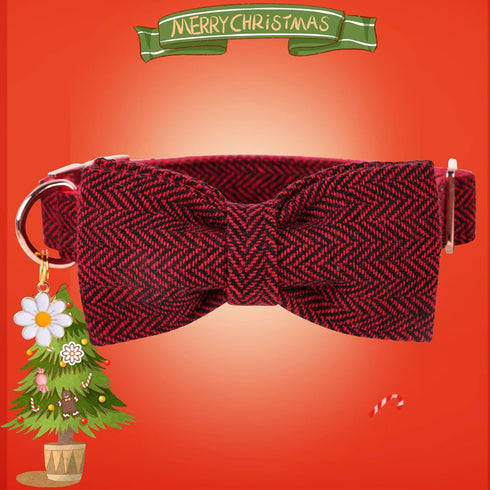 Elegant Little Tail Christmas Dog Collar with Bow, Herringbone Red Black Cotton Durable Bowtie Collar