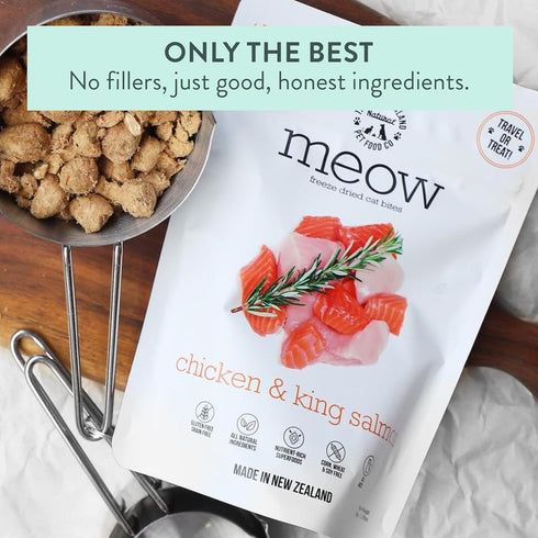 Meow Chicken & King Salmon Freeze Dried Raw Cat Food, High Protein, Natural, Limited Ingredient Mixer or Treat, 1.76 oz