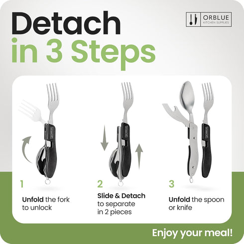 Orblue 4-in-1 Camping Eating Utensils, 2-Pack, Portable Spoon, Fork, Knife & Bottle Opener Combo Set, Black