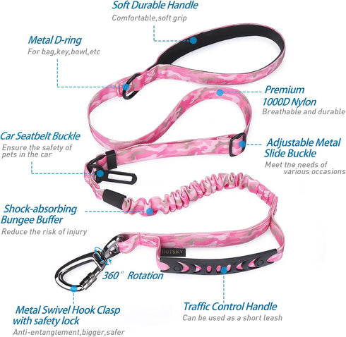 Hotsky Tactical Dog Leash Heavy Duty for Medium Large Dogs, 4-6FT Bungee Shock Absorbing with Padded Double Handle,