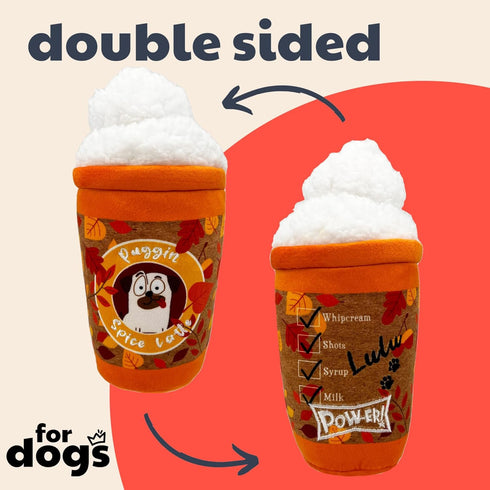 Huxley & Kent for Dogs | Puggin Spice Latte (Large) | Fall Funny Plush Toy with Squeaker, Dog Gift