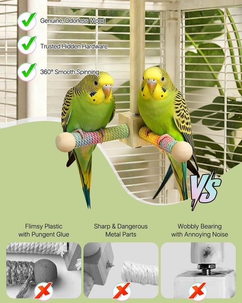 360 Pawfly Rotating Bird Perch Toy, Interactive Spinning Bird Stand Parrot Perch, Natural Wooden Chew Toy for Small