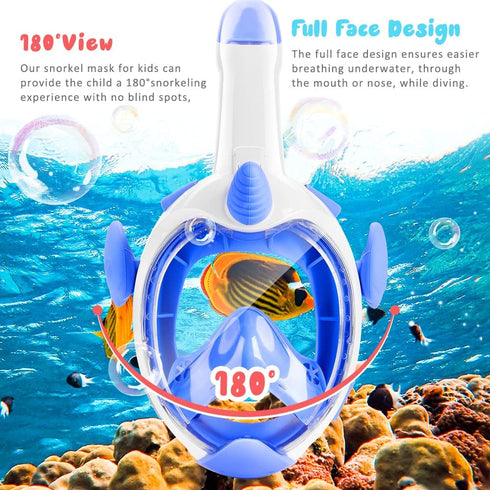 Kids Snorkel Mask, Full Face 180° Panoramic View, Anti-Fog Diving Gear for Ages 4-15, Dry Top