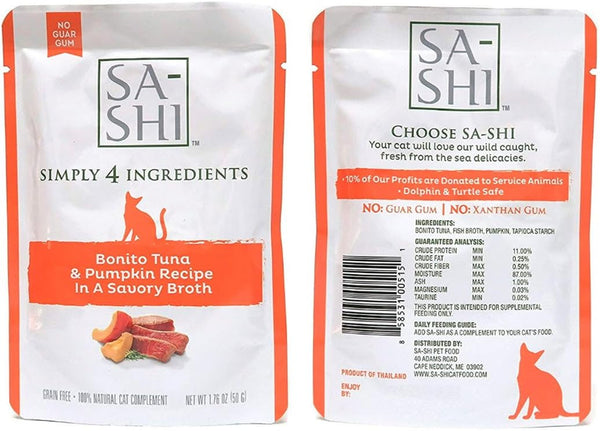 Sa-Shi Grain Free Wet Cat Food Pouches, 1.76oz. Five Flavors (Tuna & Pumpkin)