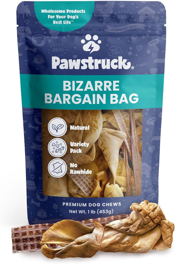 Pawstruck Bizarre Bargain Bag - Assorted Natural Dog Chew Treats - 1 lb - Animal Ears, Jerky, Bones, Hooves, Beef Straps