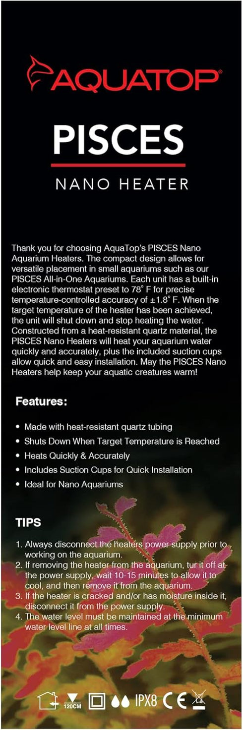 Aquatop 25W Pisces Nano Heater, Fully Submersible for Nano Fish Tanks Up to 8 Gallons, Preset 78F Thermostat