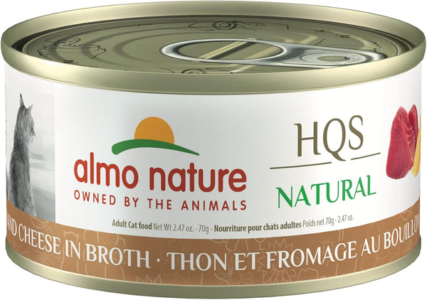 almo nature HQS Natural Tuna and Cheese in broth, Grain Free, Adult Cat Canned Wet Food, Shredded, 24 x 70g/2.47 oz