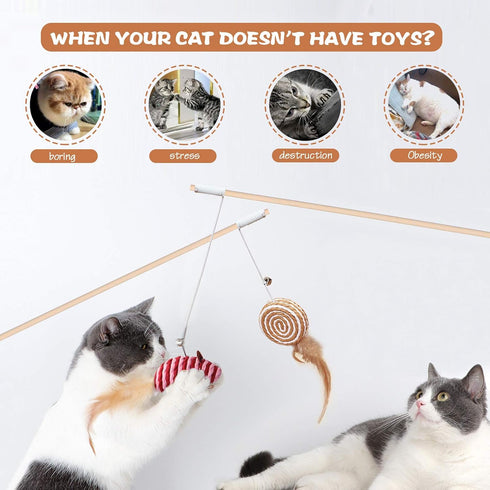 Cat Toys for Indoor Cats - 3pcs 16 Inch Natural Wood Teaser Wand with Refills, Bonus 5pcs Catnip Sticks for Play