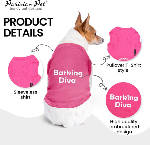 Parisian Pet Dog Tshirt - “Barking Diva“ Embroidered Girl Dog Clothes, Lightweight Pink Tee, 2XL