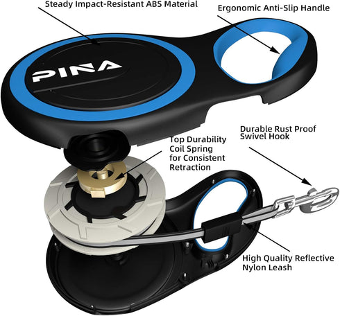 PINA Retractable Dog Leash, 26ft for Small Medium Large Dogs up to 110lbs, 360° Tangle-Free with Anti-Slip Handle