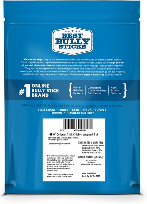 Best Bully Sticks All Natural Dog Chews - 6 Inch Chicken Wrapped Beef Collagen Sticks - 5 Pack, USA Baked & Packed