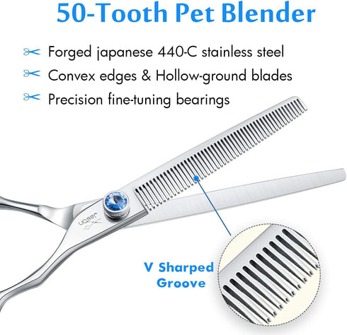 JASON 7" 50 Teeth Thinning Dog Grooming Scissor, Ergonomic Blender Shears Kit with Offset Handle and Jewelled Screw