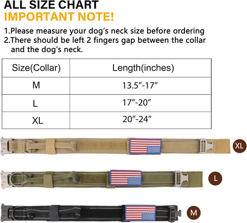 KCUCOP Military Tactical Dog Collar with 2 Patches, 1.5" Width, Adjustable Heavy Duty Metal Buckle for M, L, XL Dogs