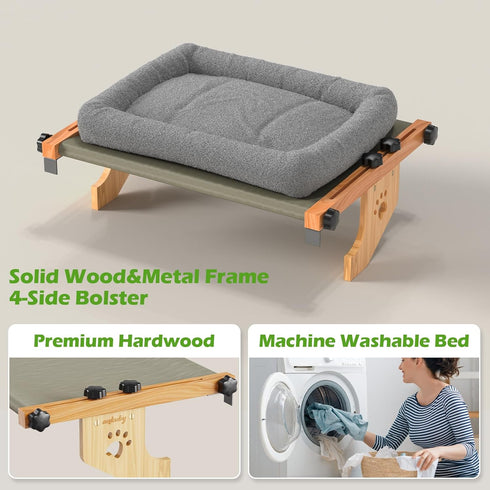 4-Sided Hammock Cat Window Perch with Bolster - Orthopedic Cat for Window Sill - Solid Hardwood & Metal Frame - Window