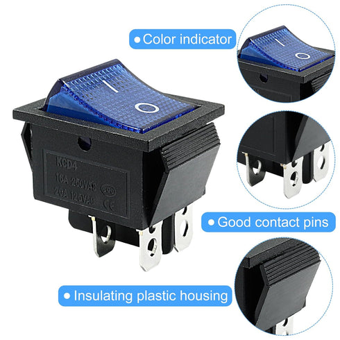 Unlorspy 3Pcs KCD4 4 2 (Blue,16A 250V 20A 125V) Rocker Switch DPST Pins Position (ON Off) Boat Toggle Switch with Blue