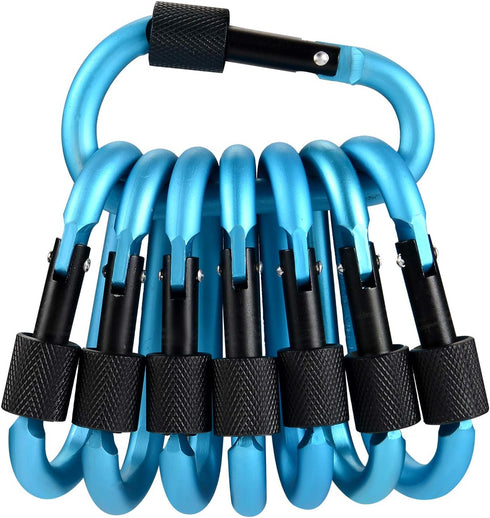 Locking Carabiner Clip D Shape, Spring-Loaded Gate Aluminum Keychain Buckle, 8 Pack (Light Blue)