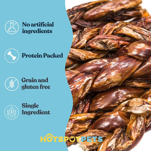 hotspot pets All-Natural Braided Beef Gullet Sticks (5 Pack), Grass-Fed 6'' Jerky Treats for Joint Health
