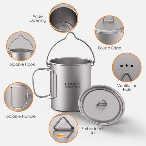 Lixada Ultralight Titanium Water Mug Cup with Lid and Foldable Handle, 750ml Pot for Outdoor Camping Cooking
