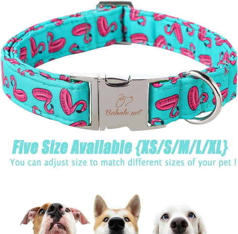 Cotton Dog Collar for Medium Dogs, Adjustable Cute Boy Girl Collar with Metal Buckle, Summer Flamingo