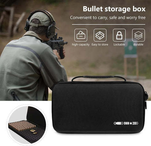 200 Round 9MM Ammo Case, Bullet Storage Box Compatible with 9mm Luger, 45 ACP, 380 ACP, Locking Travel Safe