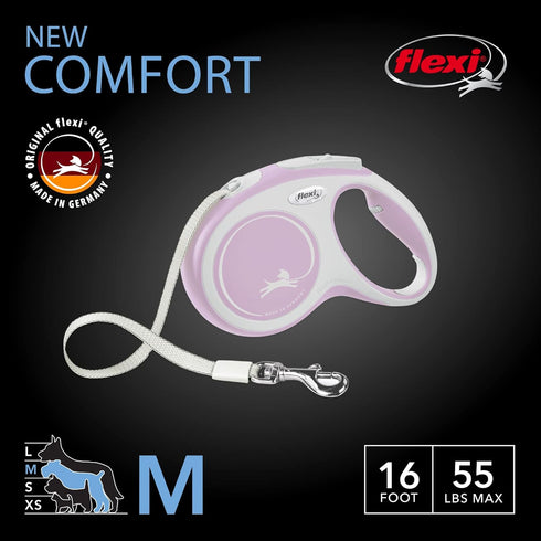 FLEXI New Comfort Retractable Dog Leash - 16 ft, Ergonomic, Durable for Dogs Up to 55 lbs, Pink/Rose