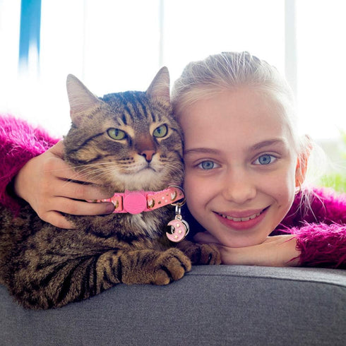 2Pcs Breakaway Cat Collars - Adjustable Moons Collars for Boy & Girl Cats with Bell & Pendant, Black+Pink