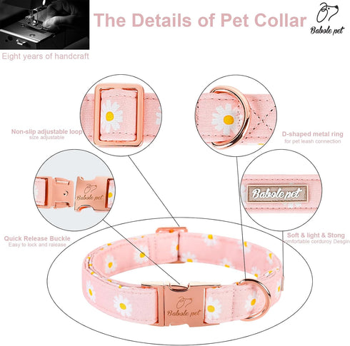 Cotton Dog Collar for Small Dogs, Adjustable Cute Boy Girl Collars with Metal Buckle (Baby Pink Daisy, S)
