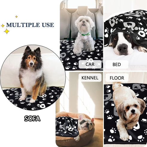 Soft Fleece Dog Blanket for Small Medium Dogs, Cute Paw Print Fluffy Flannel Pet Blanket Mat Cover for Bed Couch, Black