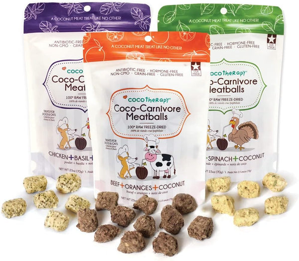 CocoTherapy 3 Pack of Coco-Canivore Meatballs Dog Treats, Beef, Chicken, Turkey Variety