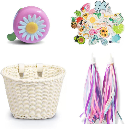 Kid's Bicycle Basket, Colored Tassels Wicker Front Handlebar Bike Basket with Streamers, Bell, and Stickers