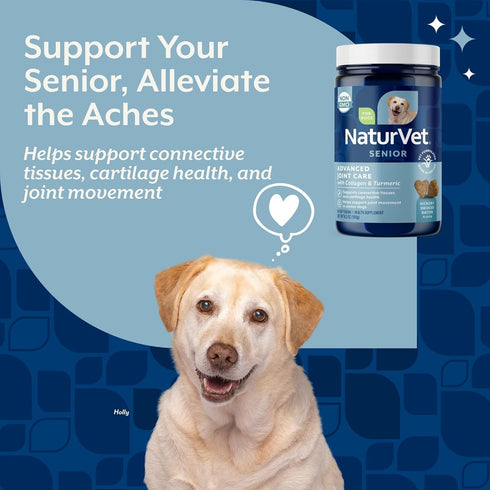 60 NaturVet Senior Advanced Joint Health Dog Supplement Includes Glucosamine, MSM, Chondroitin, Collagen Helps Supports
