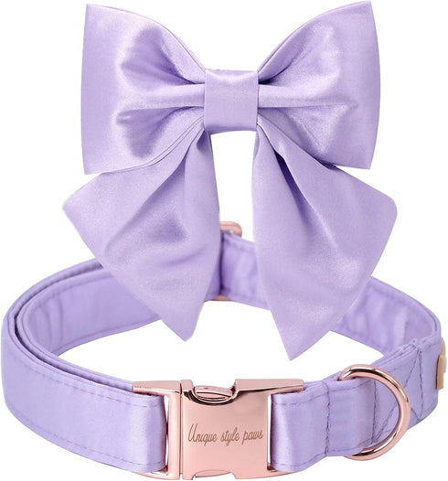 Unique Style Paws Purple Silk Dog Collar with Bow, Adjustable Durable Fashion Bowtie Collar for X-Large Dogs