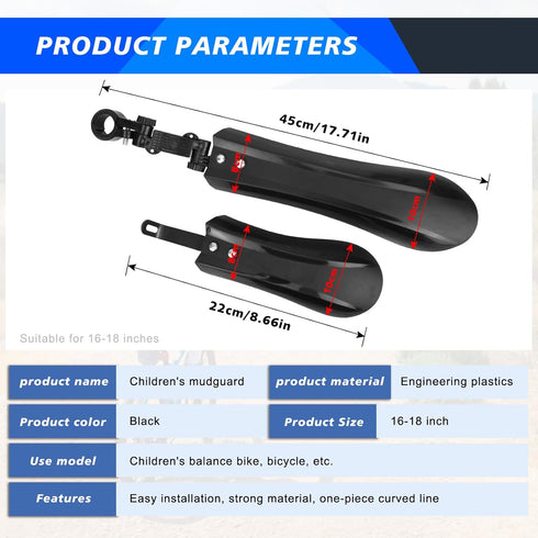 Oumers Bicycle Mudguard, Kid's Adjustable Bicycle Front and Rear Mud Guard, Portable Bicycle Fenders Cycling Mudguard Easy Install Bike Fenders Cycling Tires Mud Fenders Fit for 16/ 18In