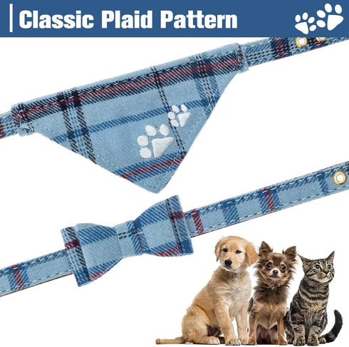 EXPAWLORER Puppy Collar and Leash Set, Embroidery Pawprints Plaid Dog Collar with Bow Tie and Bandana, Blue S