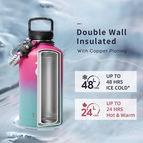 Water Bottle 64oz with Paracord Handle, Trebo Half Gallon Double Wall Vacuum Stainless Steel Insulated Jug