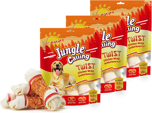 Jungle Calling Chicken Wrap Knotted Bones - 6.5" Pack of 4, Long Lasting Beefhide Treats for Large Dogs