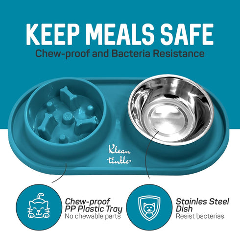 Pets Dog Bowl Set - Removable Double Slow Feeder Bowls with Non-Skid Silicone Mat, Stainless Steel Water Bowl (Dirty