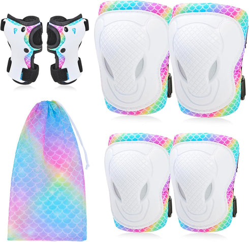 Kids Protective Gear Set, 7 in 1 Knee Pads, Elbow Pads, Wrist Guards for Girls, Skating, Cycling, Ages 3-8