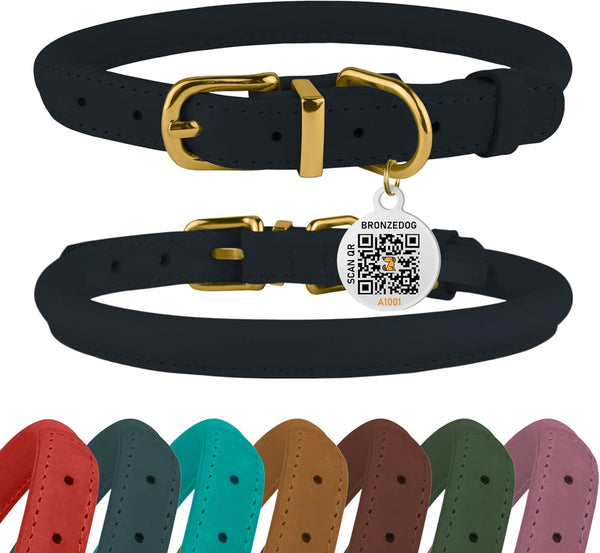 BRONZEDOG Rolled Leather Dog Collar with QR ID Tag, Adjustable Soft Round Collars for Small Medium Large Dogs (Dark