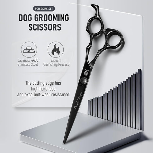 Purple Dragon Dog Grooming Scissors Set - 7 Inch Black Shears with Chunkers, Straight, Curved Scissors and Comb