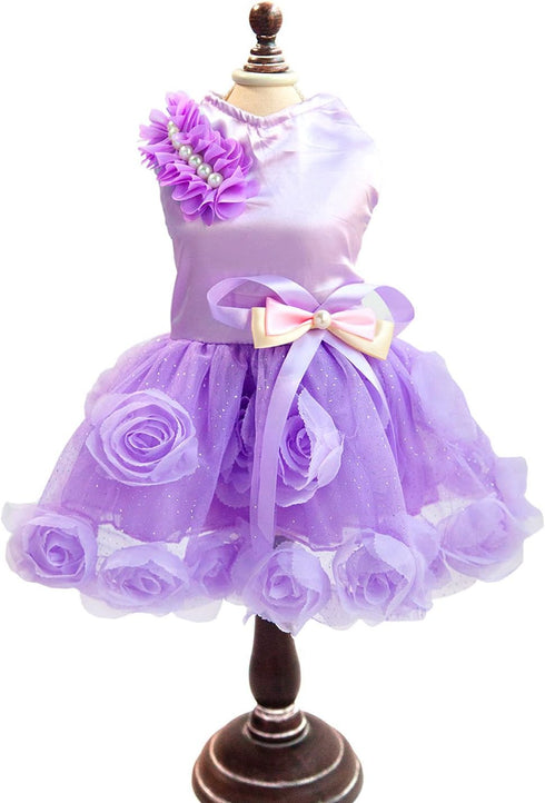 SMALLLEE_LUCKY_STORE Pet Small Dog Wedding Dress with Bowknot - Birthday Party Costume, Satin Rose Pearls, Girl Formal