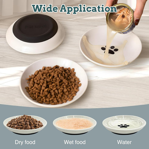 BNOSDM 4 Pcs Cat Food Bowls, Shallow Ceramic Dishes with Non-Slip Silicone Bottom for Indoor Kittens