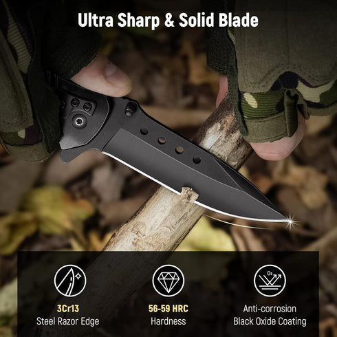 Pocket Knife for Men - 3.46" Sharp Blade Wood Handle Folding Knife with Clip and Glass Breaker, EDC for Camping,