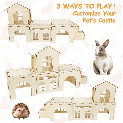 Chinchillas BWOGUE Extra Large Wooden Rabbit Hideout Castle, Detachable Bunny Castle for Rabbits Guinea Pigs, Sturdy
