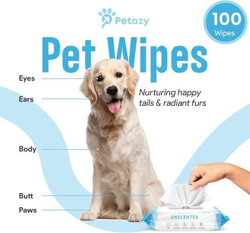 100 Unscented Dog Wipes for Paws, Butt, Ears, Eyes | Organic Hypoallergenic Pet Wipes with Aloe Vera | Extra Thick